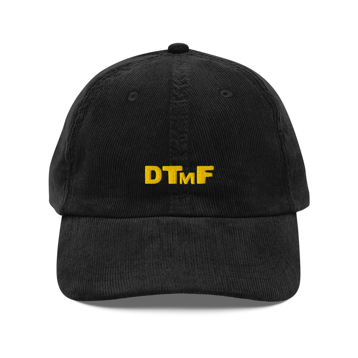 Black corduroy baseball cap with yellow embroidered ‘DTMF’ logo, inspired by Bad Bunny’s DtMF (Debí Tirar Más Fotos) era and world tour merchandise