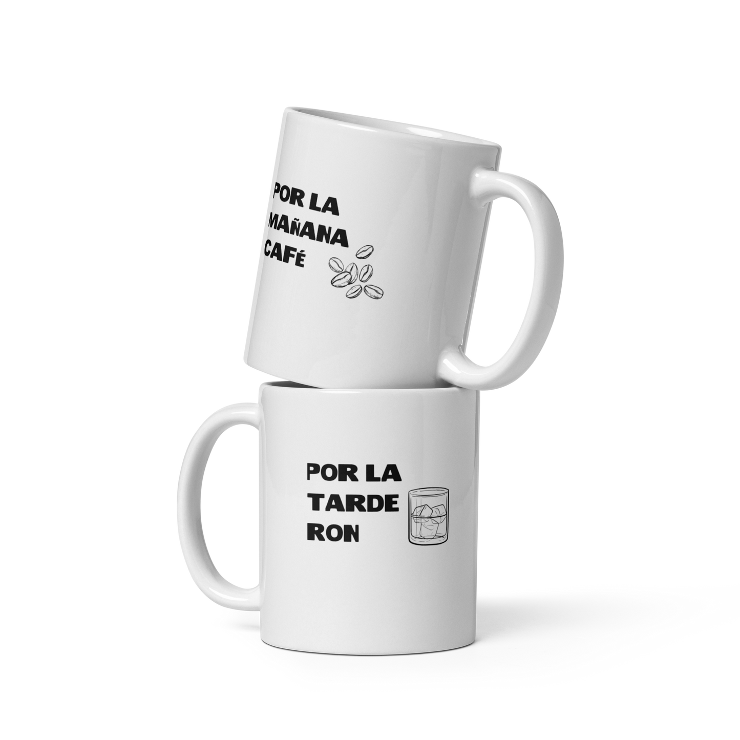 White ceramic mug with 'Por la mañana café, por la tarde ron' text, inspired by Bad Bunny, ideal for coffee and rum enthusiasts
