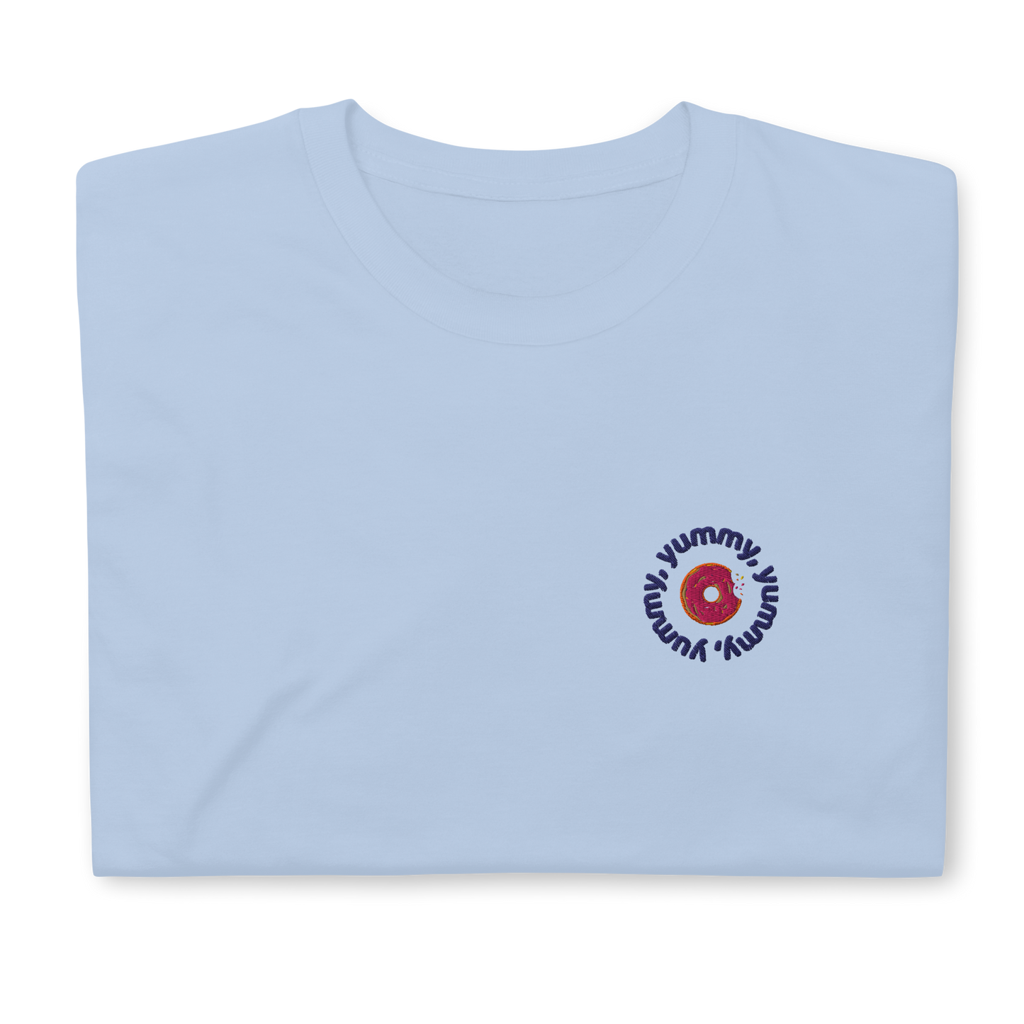 Light Blue Yummy T-shirt with embroidered design, featuring a playful tribute to Justin Bieber's hit song. The shirt offers a classic fit, perfect for casual outings or concerts, made from soft, high-quality fabric for comfort and style