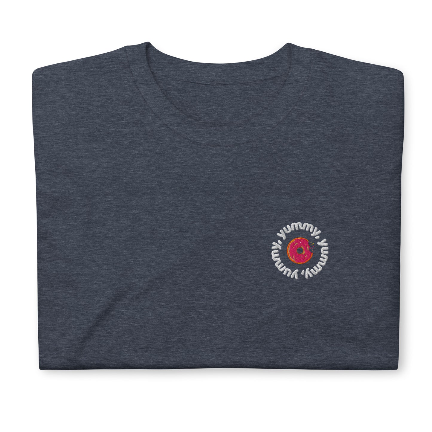 Heather Yummy T-shirt with embroidered design, featuring a playful tribute to Justin Bieber's hit song. The shirt offers a classic fit, perfect for casual outings or concerts, made from soft, high-quality fabric for comfort and style