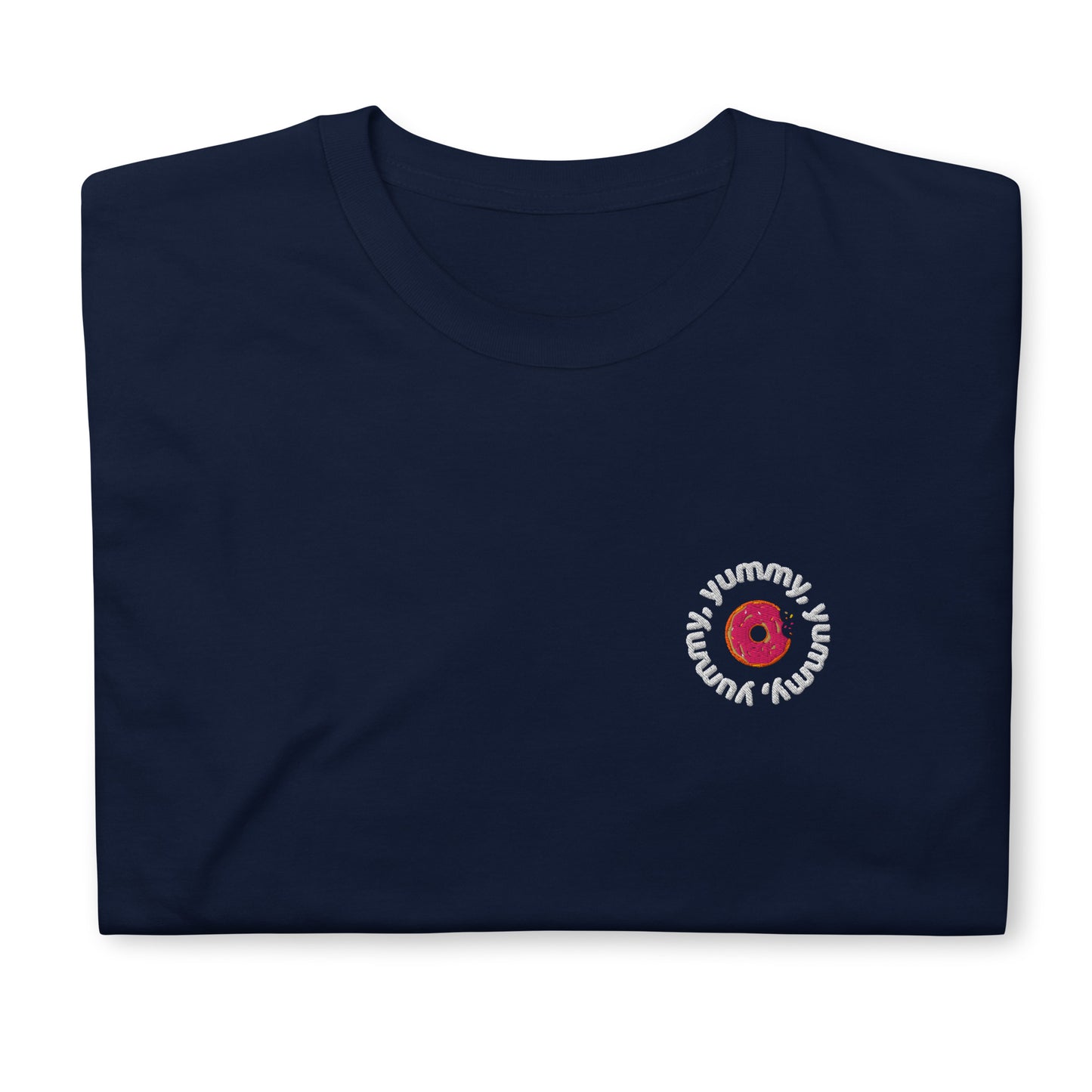 Navy Yummy T-shirt with embroidered design, featuring a playful tribute to Justin Bieber's hit song. The shirt offers a classic fit, perfect for casual outings or concerts, made from soft, high-quality fabric for comfort and style