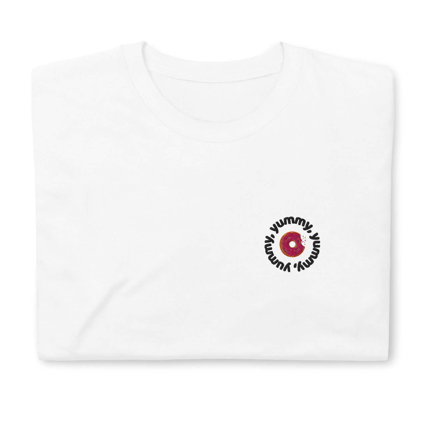 White Yummy T-shirt with embroidered design, featuring a playful tribute to Justin Bieber's hit song. The shirt offers a classic fit, perfect for casual outings or concerts, made from soft, high-quality fabric for comfort and style