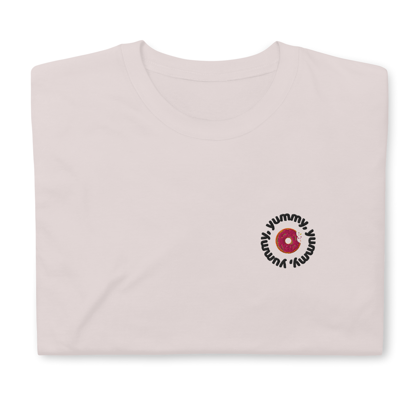 White Yummy T-shirt with embroidered design, featuring a playful tribute to Justin Bieber's hit song. The shirt offers a classic fit, perfect for casual outings or concerts, made from soft, high-quality fabric for comfort and style