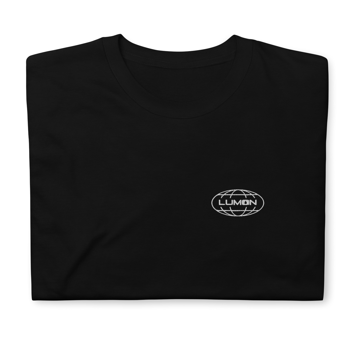 Black t-shirt featuring an embroidered 'Lumon' logo on the front, inspired by the TV series Severance. The shirt offers a minimalist, clean design with a classic fit, suitable for casual wear.