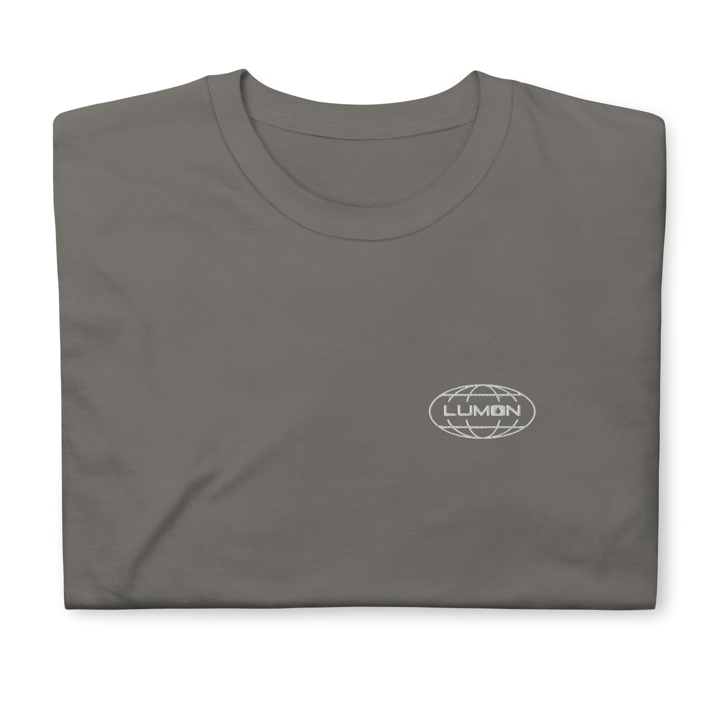 Charcoal t-shirt featuring an embroidered 'Lumon' logo on the front, inspired by the TV series Severance. The shirt offers a minimalist, clean design with a classic fit, suitable for casual wear.