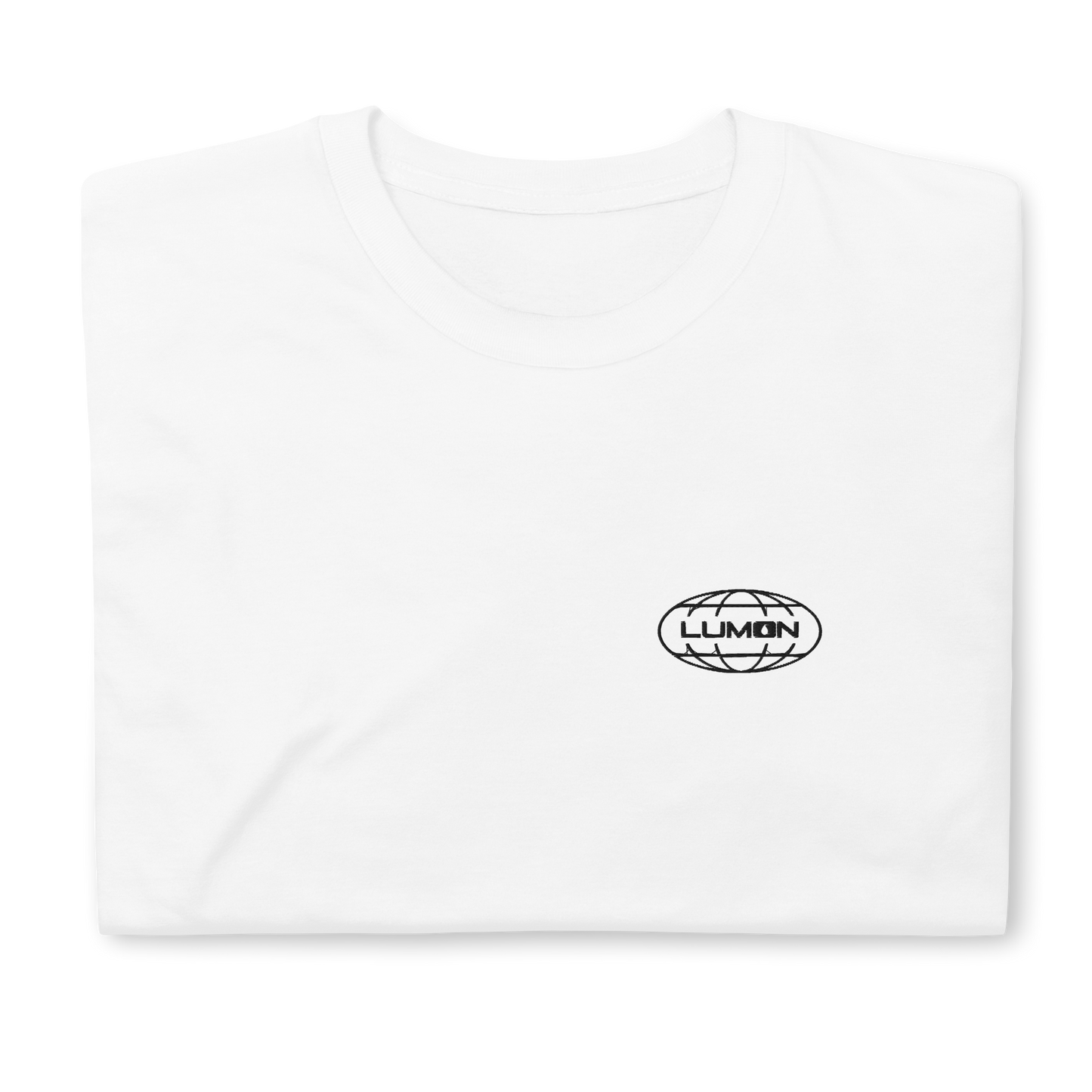 White t-shirt featuring an embroidered 'Lumon' logo on the front, inspired by the TV series Severance. The shirt offers a minimalist, clean design with a classic fit, suitable for casual wear.