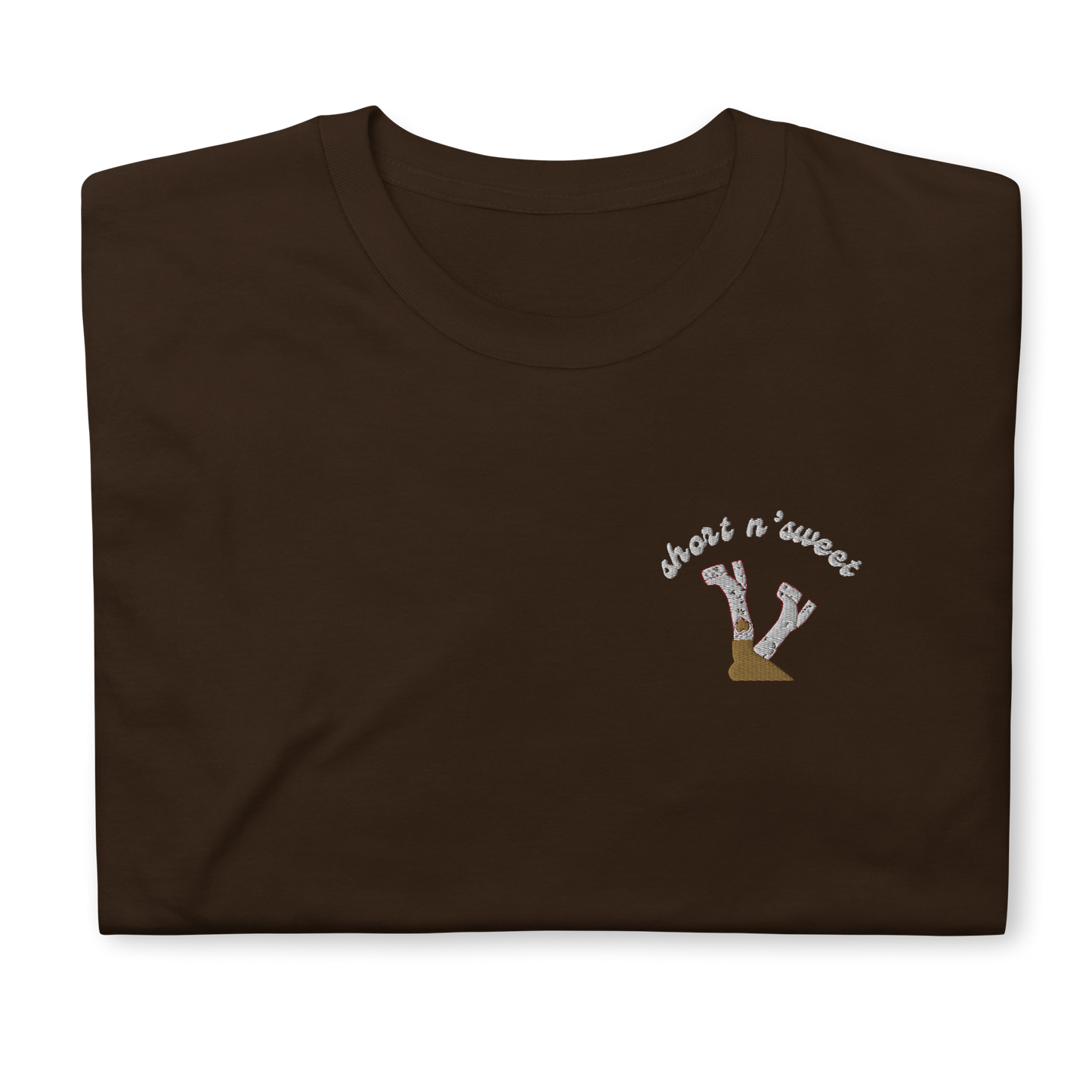Brown ‘Short n’ Sweet’ t-shirt inspired by Sabrina Carpenter, featuring bold text on the front