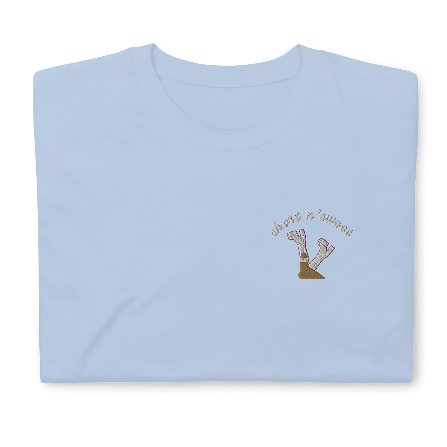 Light blue ‘Short n’ Sweet’ t-shirt inspired by Sabrina Carpenter, featuring bold text on the front