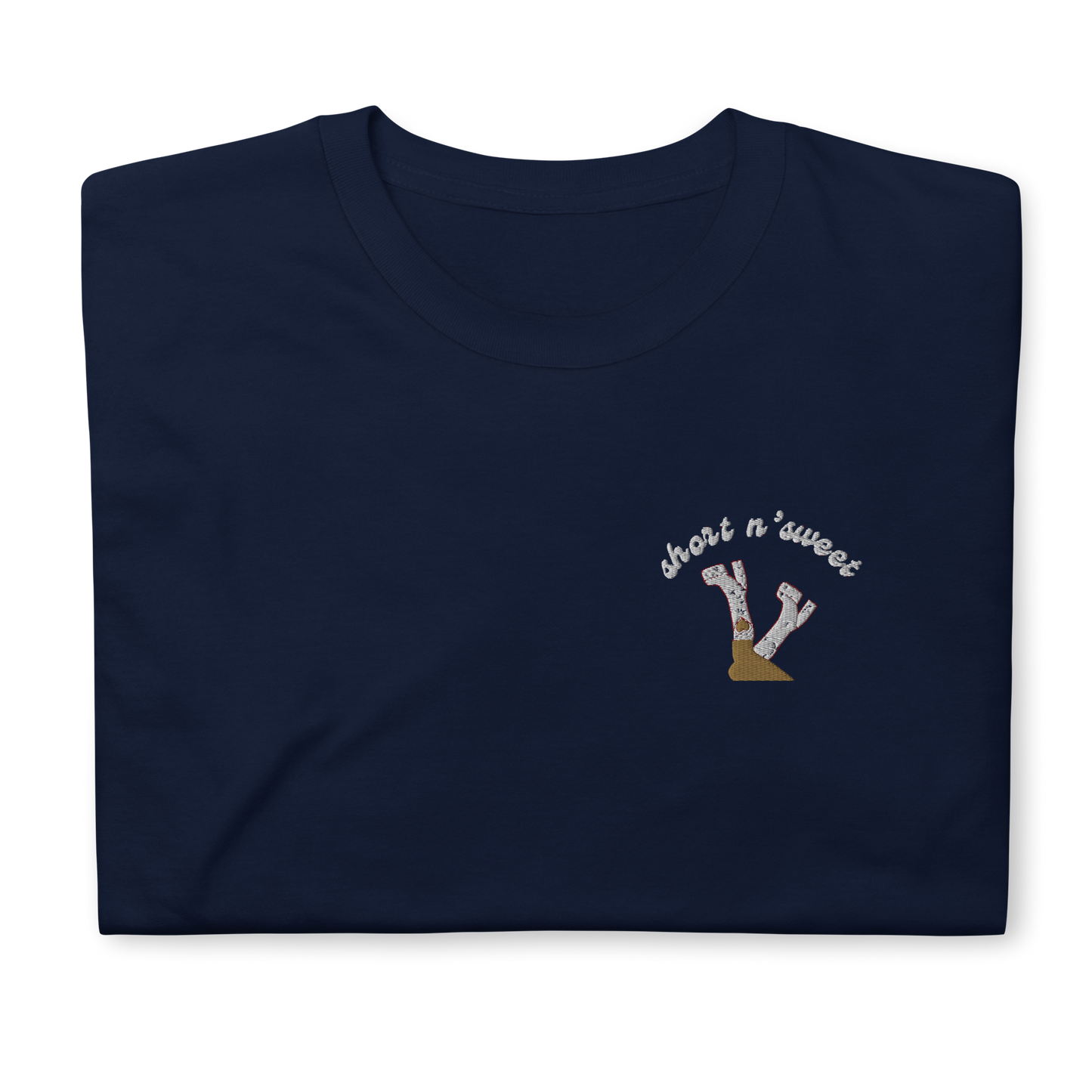 Navy ‘Short n’ Sweet’ t-shirt inspired by Sabrina Carpenter, featuring bold text on the front