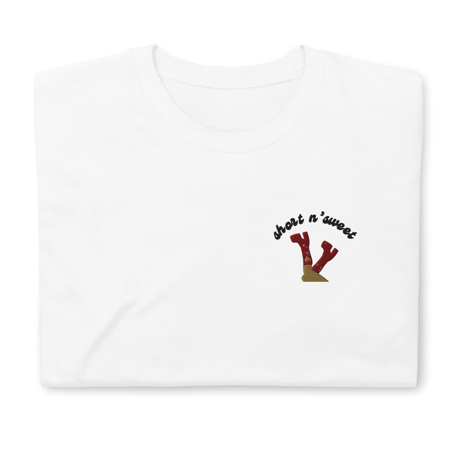 White ‘Short n’ Sweet’ t-shirt inspired by Sabrina Carpenter, featuring bold text on the front