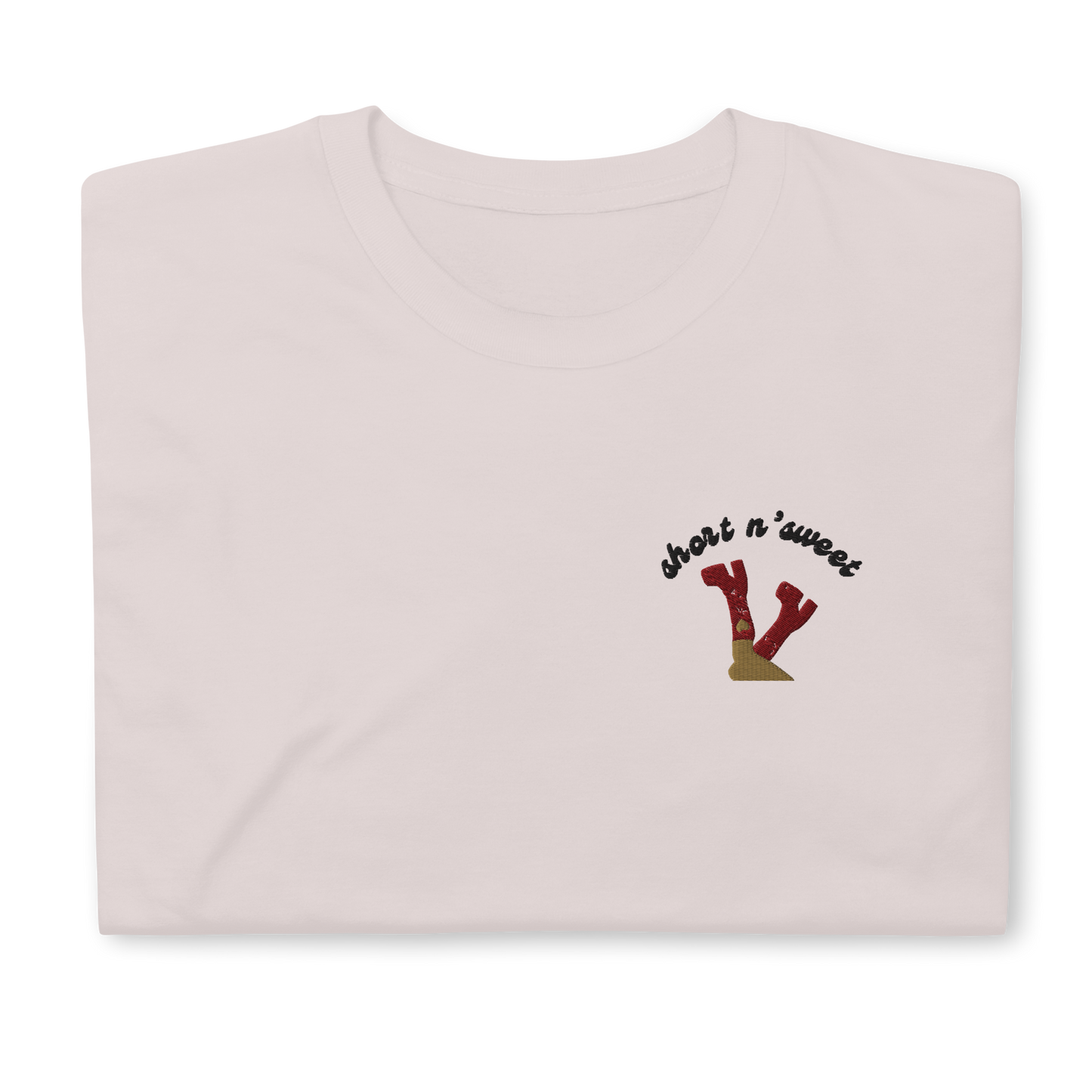 White ‘Short n’ Sweet’ t-shirt inspired by Sabrina Carpenter, featuring bold text on the front