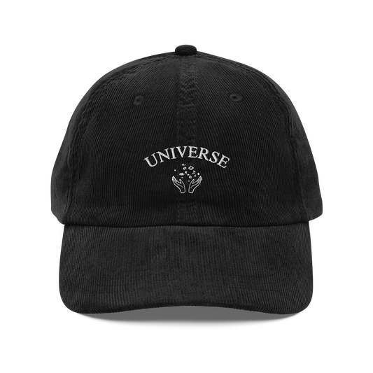 Black embroidered baseball cap with white “Universe” text and star graphic, Coldplay inspired merchandise - stylish Coldplay My Universe hat for music fans and concert apparel