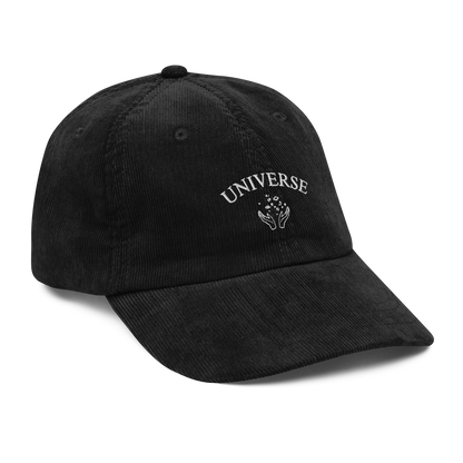 Black embroidered baseball cap with white “Universe” text and star graphic, Coldplay inspired merchandise - stylish Coldplay My Universe hat for music fans and concert apparel