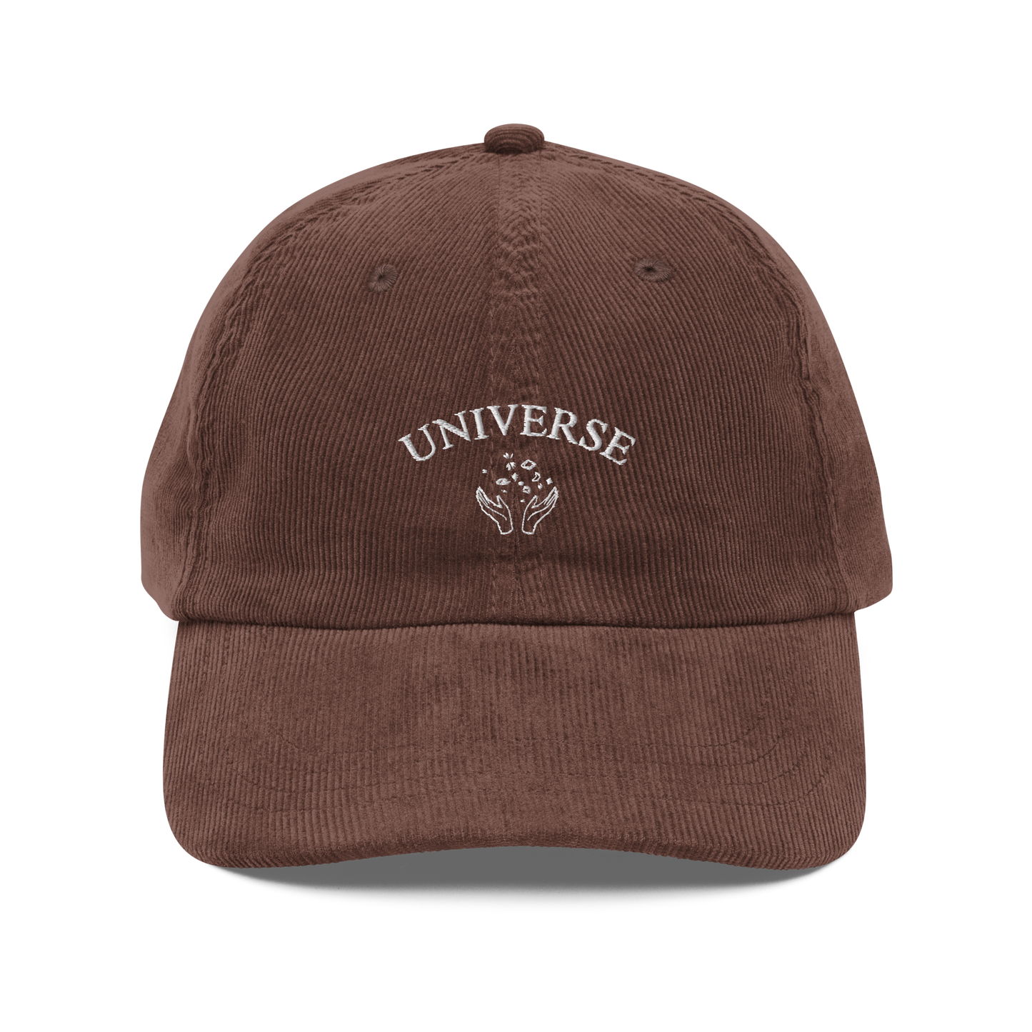 Brown embroidered baseball cap with white “Universe” text and star graphic, Coldplay inspired merchandise - stylish Coldplay My Universe hat for music fans and concert apparel