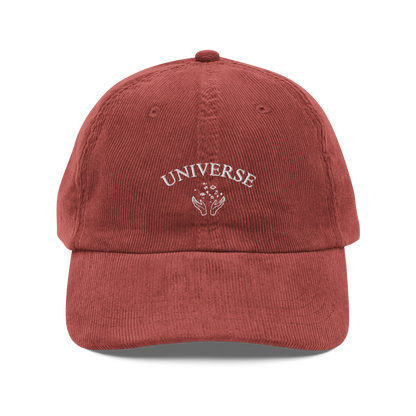 Burgundy embroidered baseball cap with white “Universe” text and star graphic, Coldplay inspired merchandise - stylish Coldplay My Universe hat for music fans and concert apparel