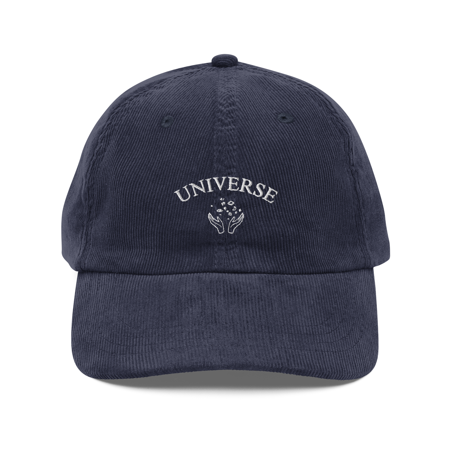 Navy embroidered baseball cap with white “Universe” text and star graphic, Coldplay inspired merchandise - stylish Coldplay My Universe hat for music fans and concert apparel