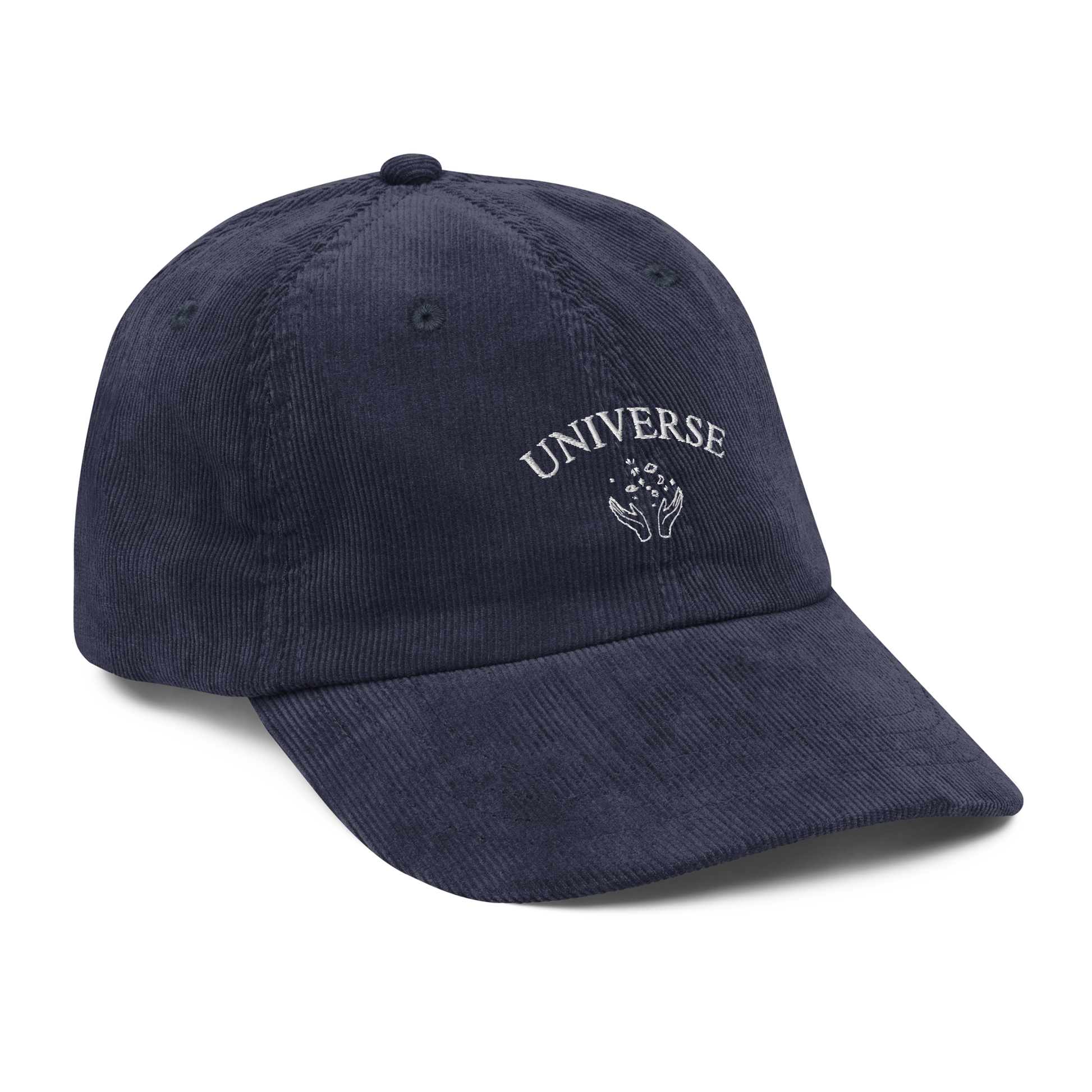 Navy embroidered baseball cap with white “Universe” text and star graphic, Coldplay inspired merchandise - stylish Coldplay My Universe hat for music fans and concert apparel