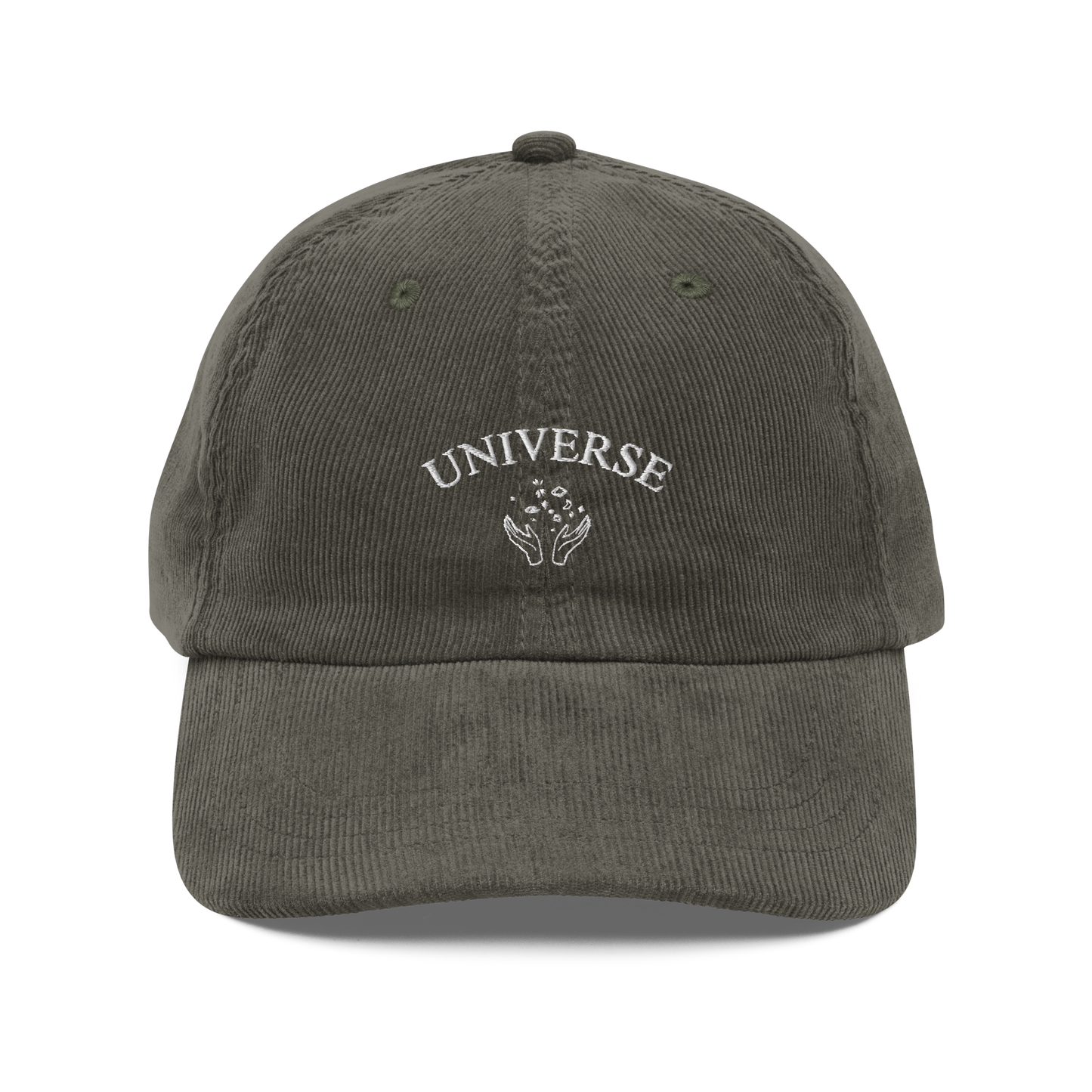 Olive embroidered baseball cap with white “Universe” text and star graphic, Coldplay inspired merchandise - stylish Coldplay My Universe hat for music fans and concert apparel