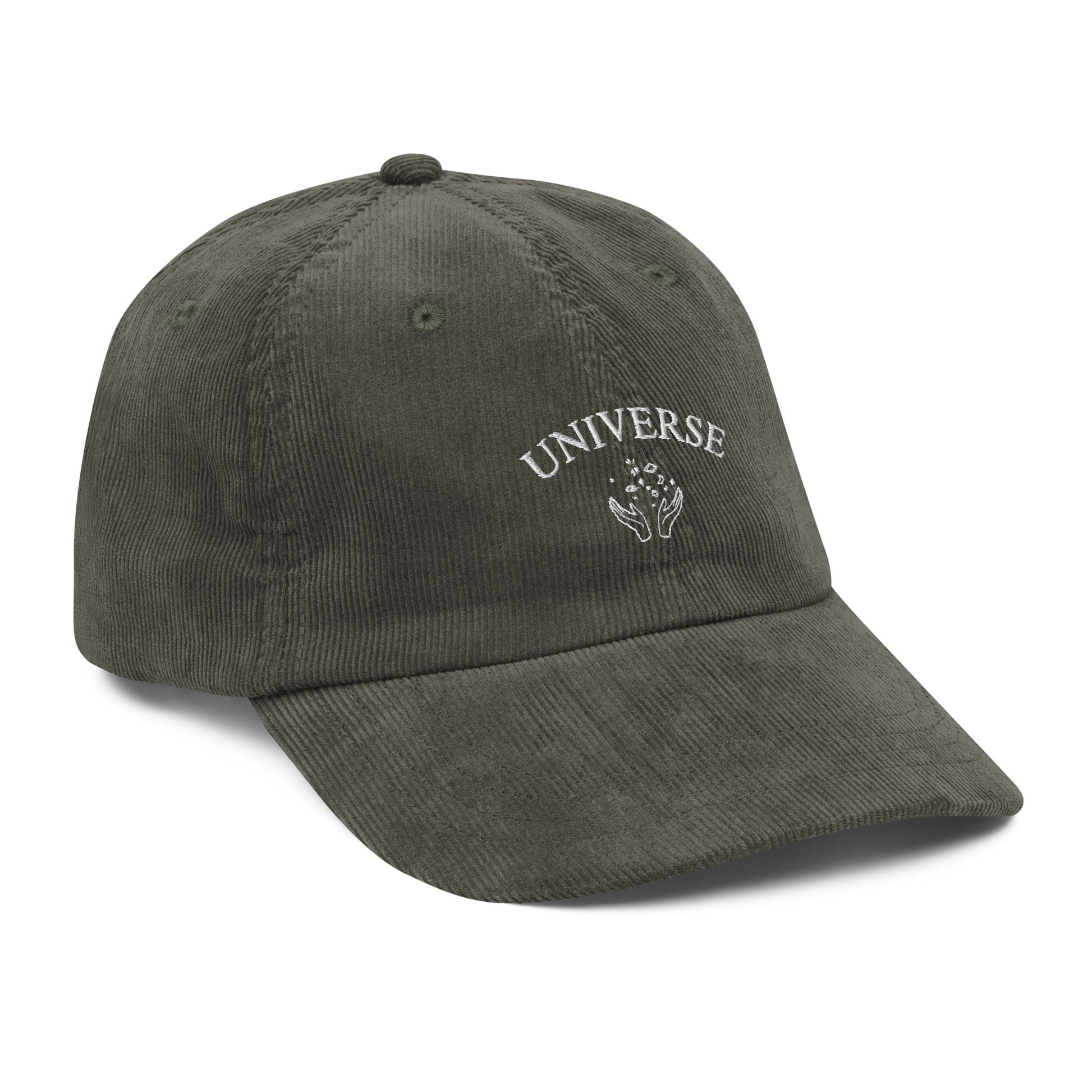 Olive embroidered baseball cap with white “Universe” text and star graphic, Coldplay inspired merchandise - stylish Coldplay My Universe hat for music fans and concert apparel
