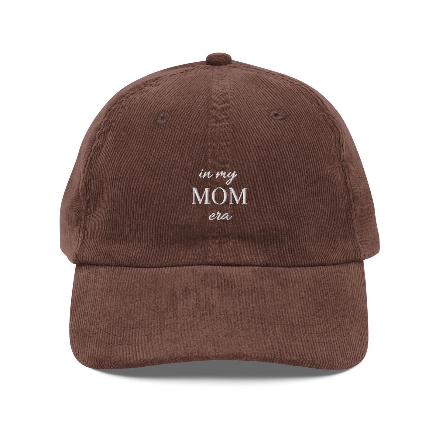Brown embroidered ‘in my mom era’ hat inspired by Taylor Swift. Minimalist corduroy-style baseball cap for moms, Swiftie fans, cozy everyday wear and casual mom aesthetic.