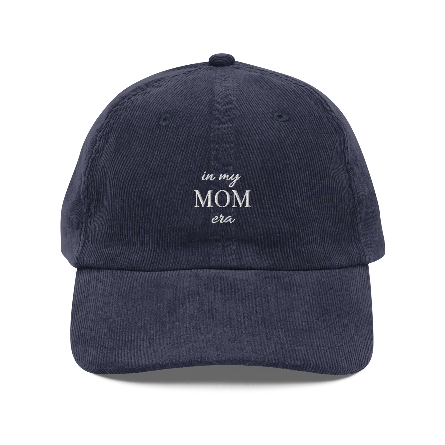 Navy embroidered ‘in my mom era’ hat inspired by Taylor Swift. Minimalist corduroy-style baseball cap for moms, Swiftie fans, cozy everyday wear and casual mom aesthetic.