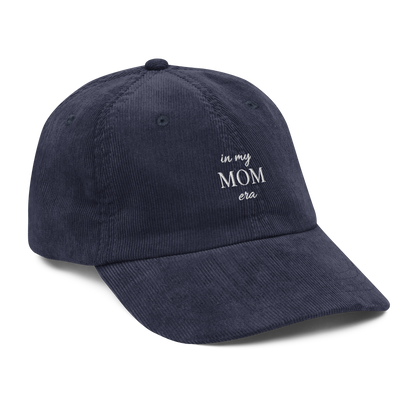 Navy embroidered ‘in my mom era’ hat inspired by Taylor Swift. Minimalist corduroy-style baseball cap for moms, Swiftie fans, cozy everyday wear and casual mom aesthetic.