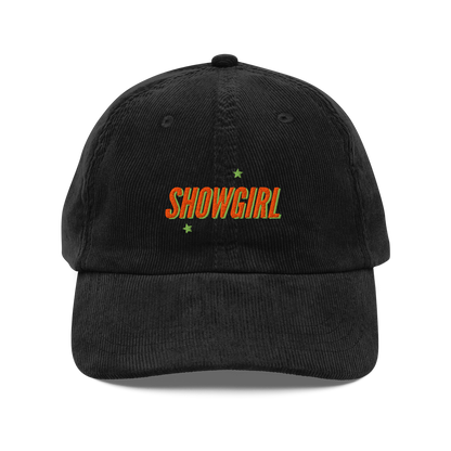 Taylor Swift inspired Showgirl cap – embroidered corduroy hat for Swifties, vintage concert-style accessory with bold lettering