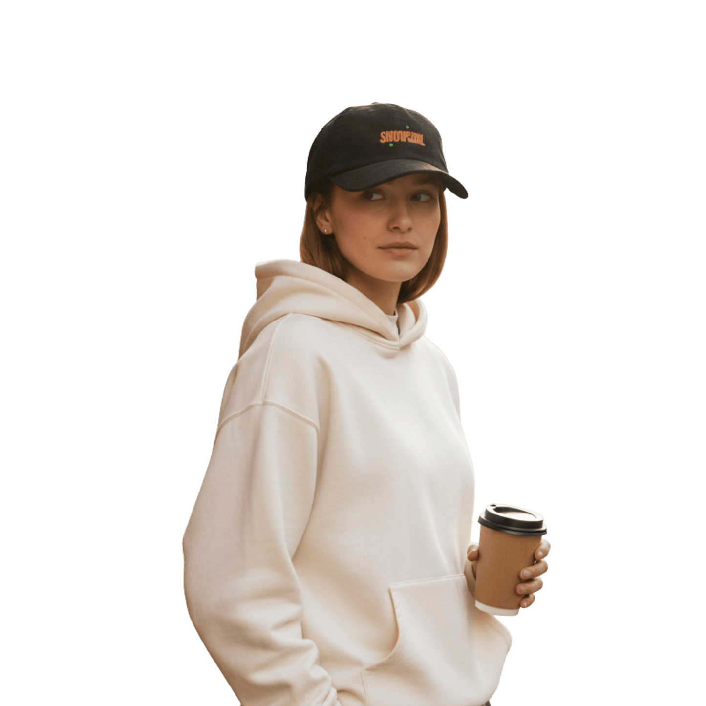 Model wearing a black Taylor Swift inspired Showgirl cap – embroidered corduroy hat for Swifties, vintage concert-style accessory with bold lettering