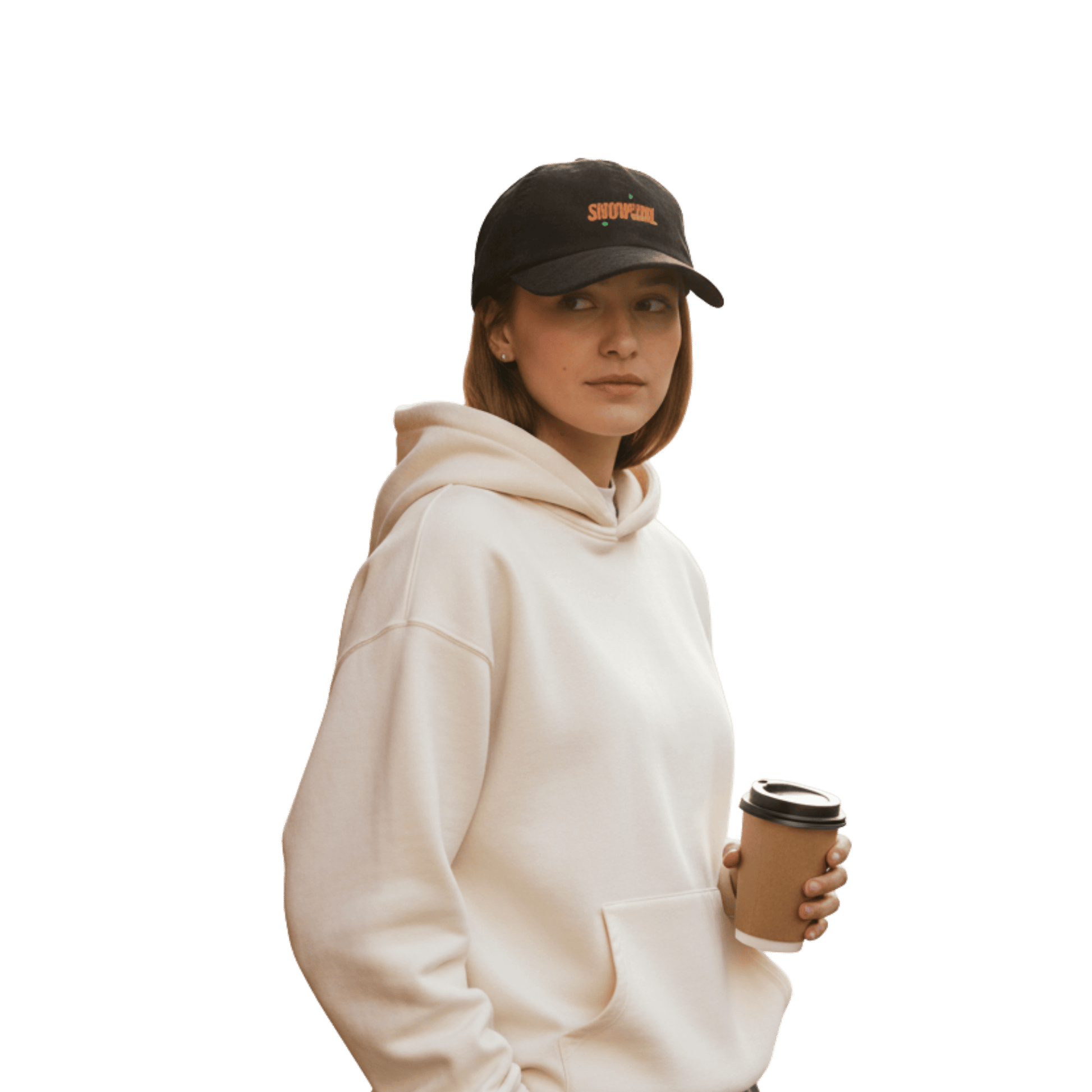 Model wearing a black Taylor Swift inspired Showgirl cap – embroidered corduroy hat for Swifties, vintage concert-style accessory with bold lettering