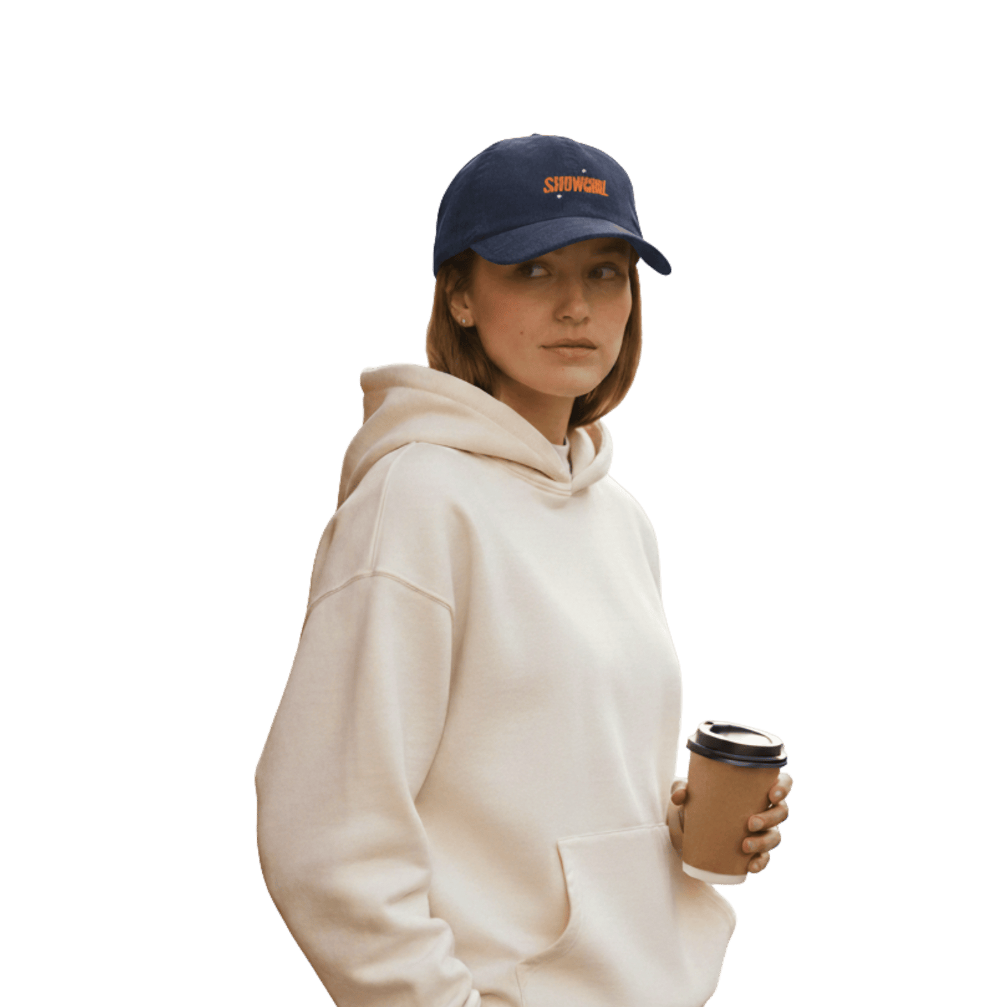 Model wearing a blue Taylor Swift inspired Showgirl cap – embroidered corduroy hat for Swifties, vintage concert-style accessory with bold lettering