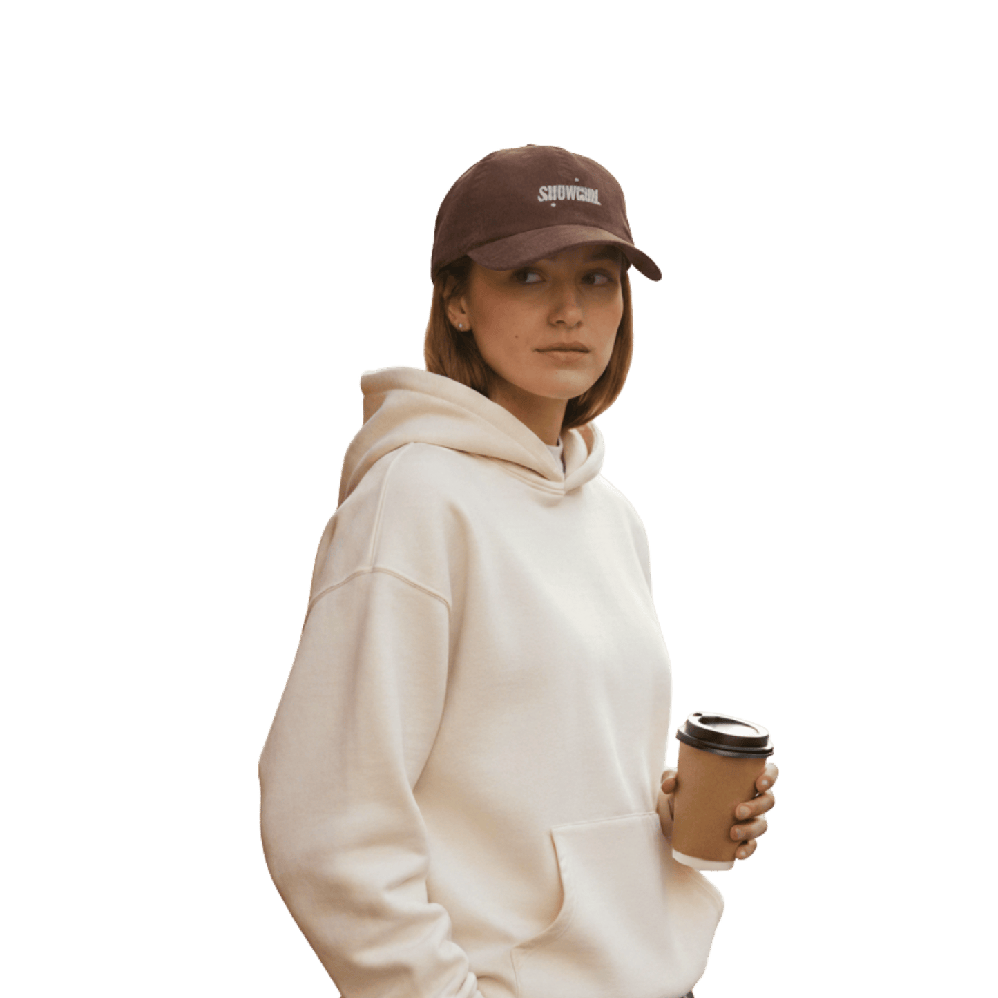 Model wearing a brown Taylor Swift inspired Showgirl cap – embroidered corduroy hat for Swifties, vintage concert-style accessory with bold lettering