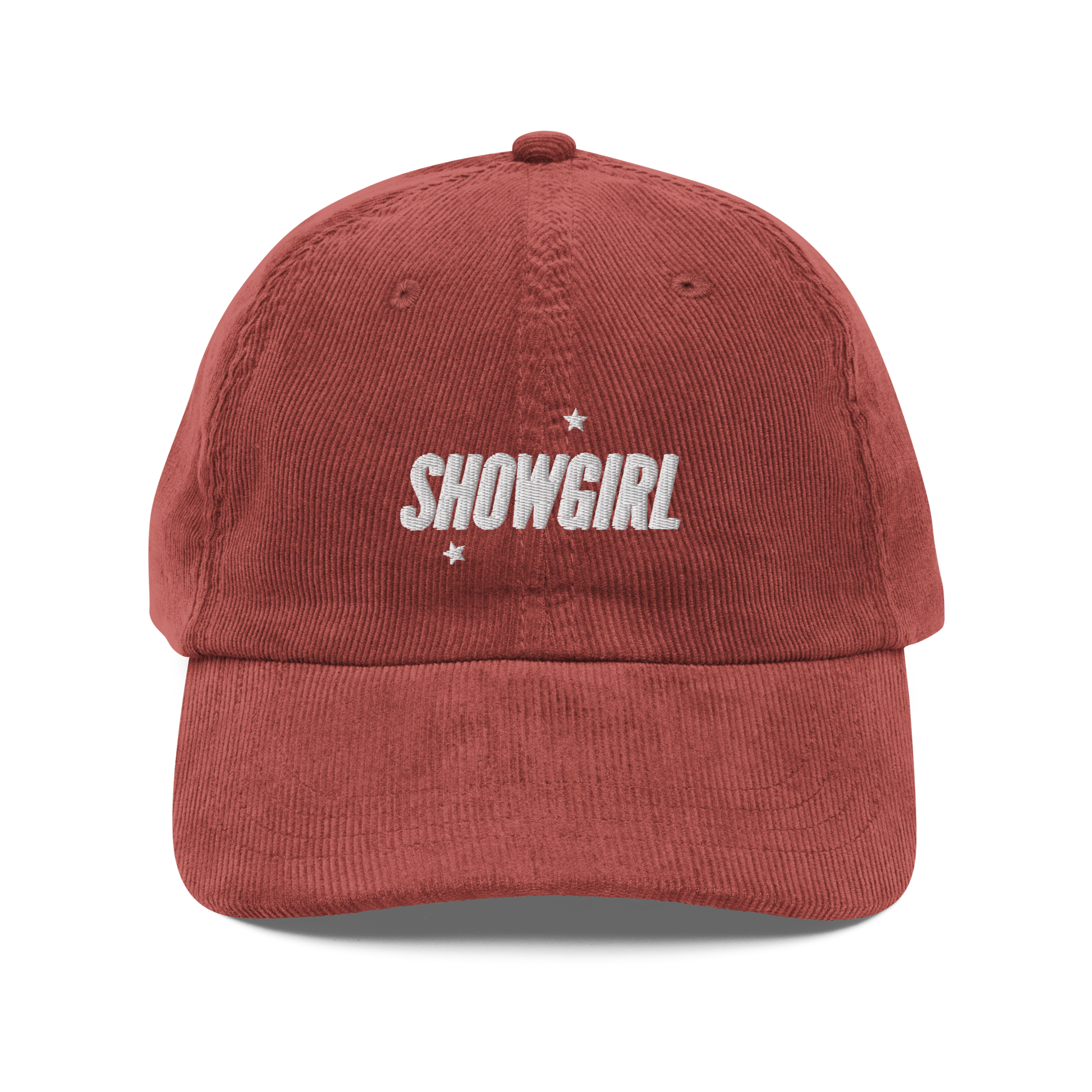 Taylor Swift inspired Showgirl cap – embroidered corduroy hat for Swifties, vintage concert-style accessory with bold lettering