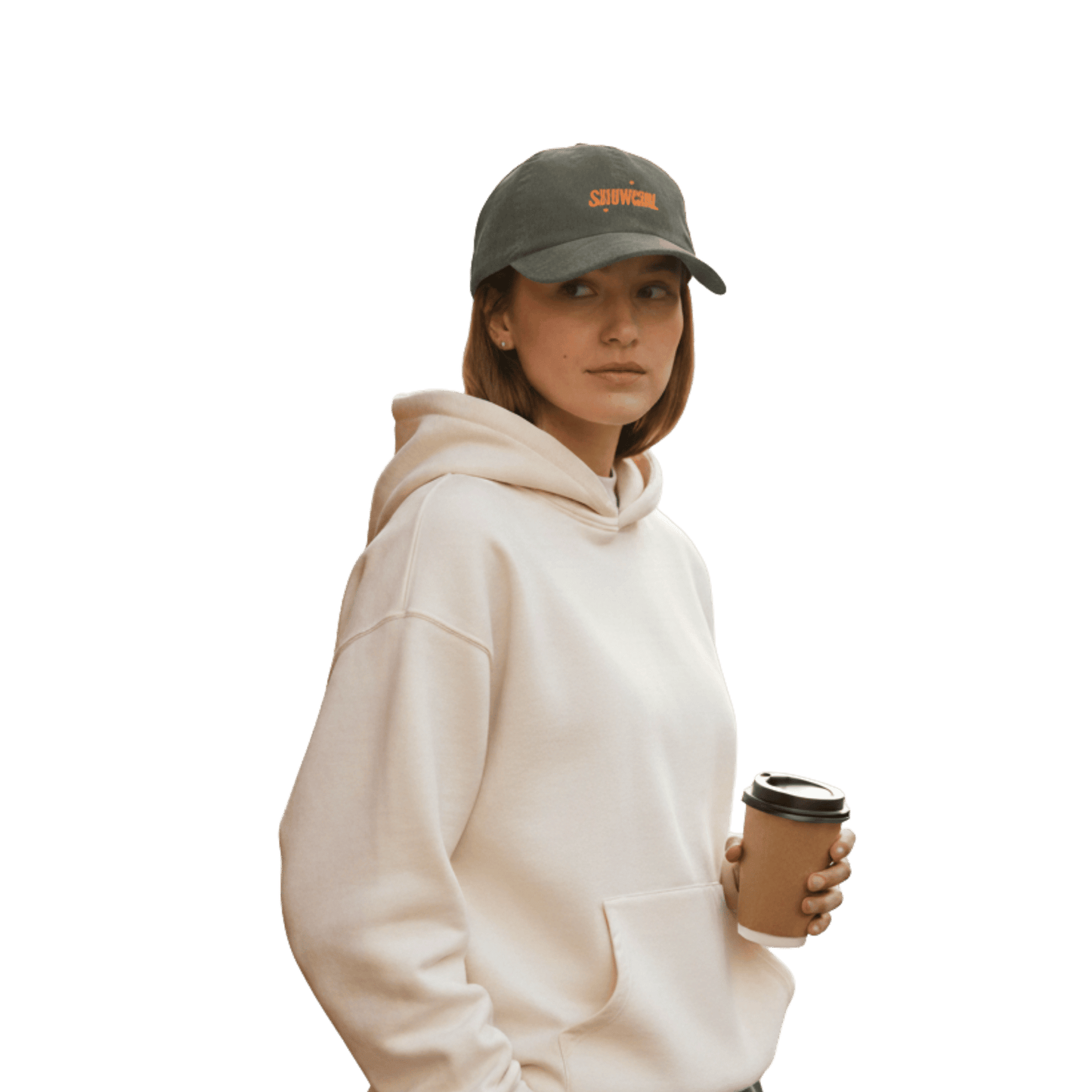 Model wearing a green Taylor Swift inspired Showgirl cap – embroidered corduroy hat for Swifties, vintage concert-style accessory with bold lettering