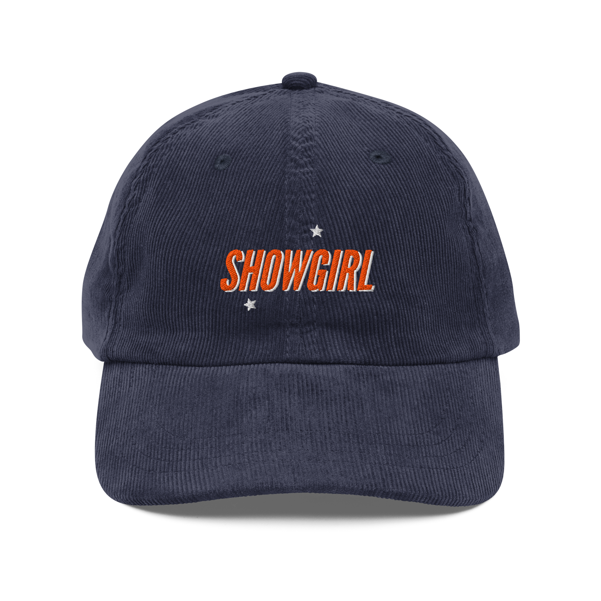 Taylor Swift inspired Showgirl cap – embroidered corduroy hat for Swifties, vintage concert-style accessory with bold lettering