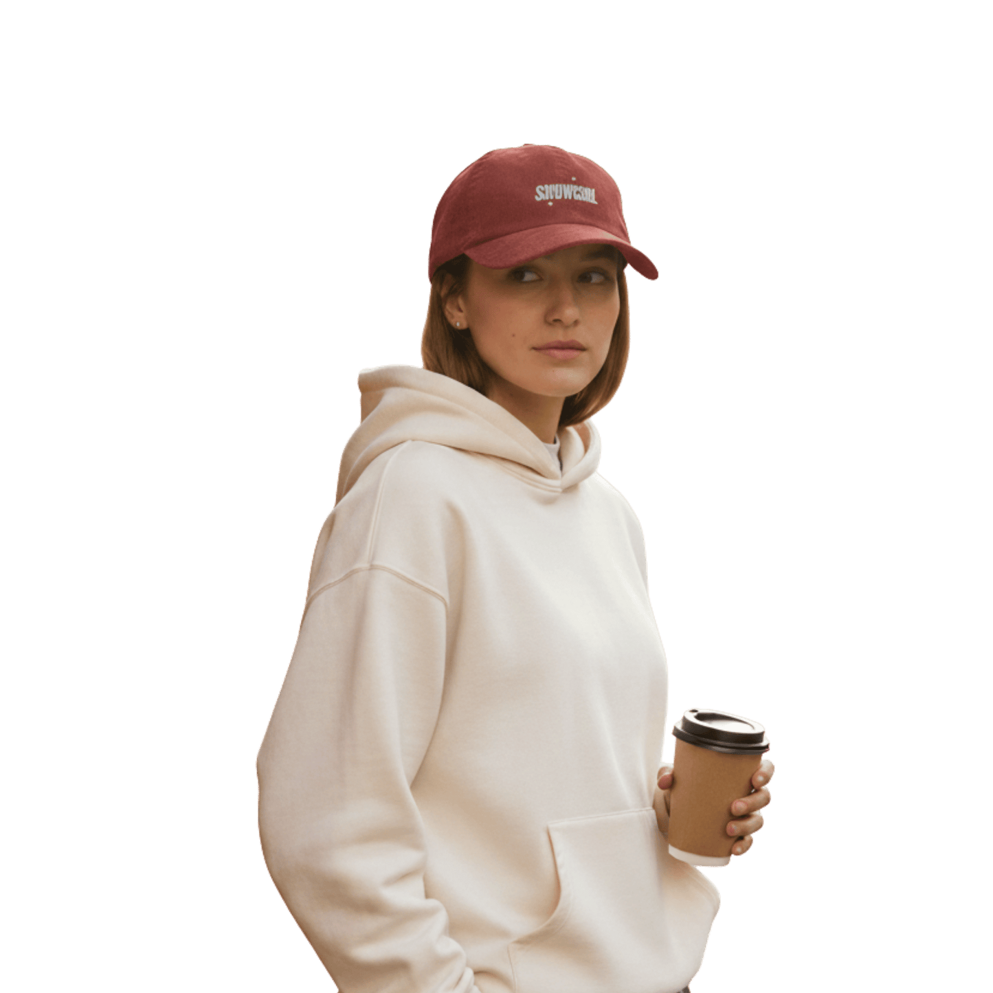 Model wearing a red Taylor Swift inspired Showgirl cap – embroidered corduroy hat for Swifties, vintage concert-style accessory with bold lettering