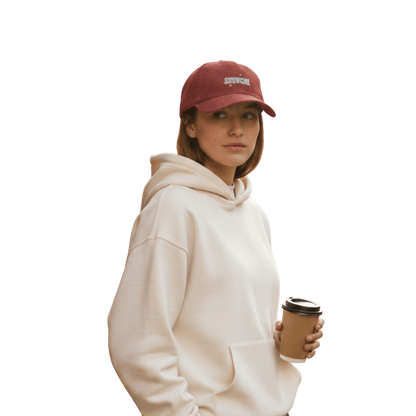 Model wearing a red Taylor Swift inspired Showgirl cap – embroidered corduroy hat for Swifties, vintage concert-style accessory with bold lettering