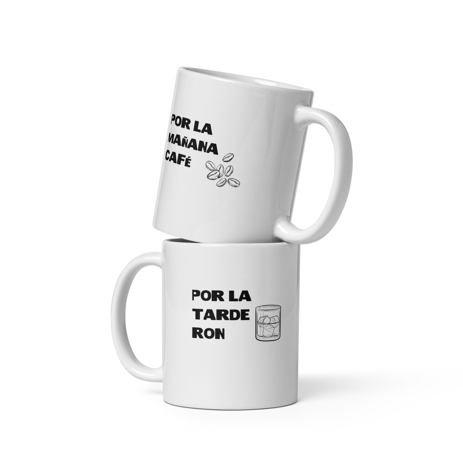 White ceramic mug with 'Por la mañana café, por la tarde ron' text, inspired by Bad Bunny, ideal for coffee and rum enthusiasts
