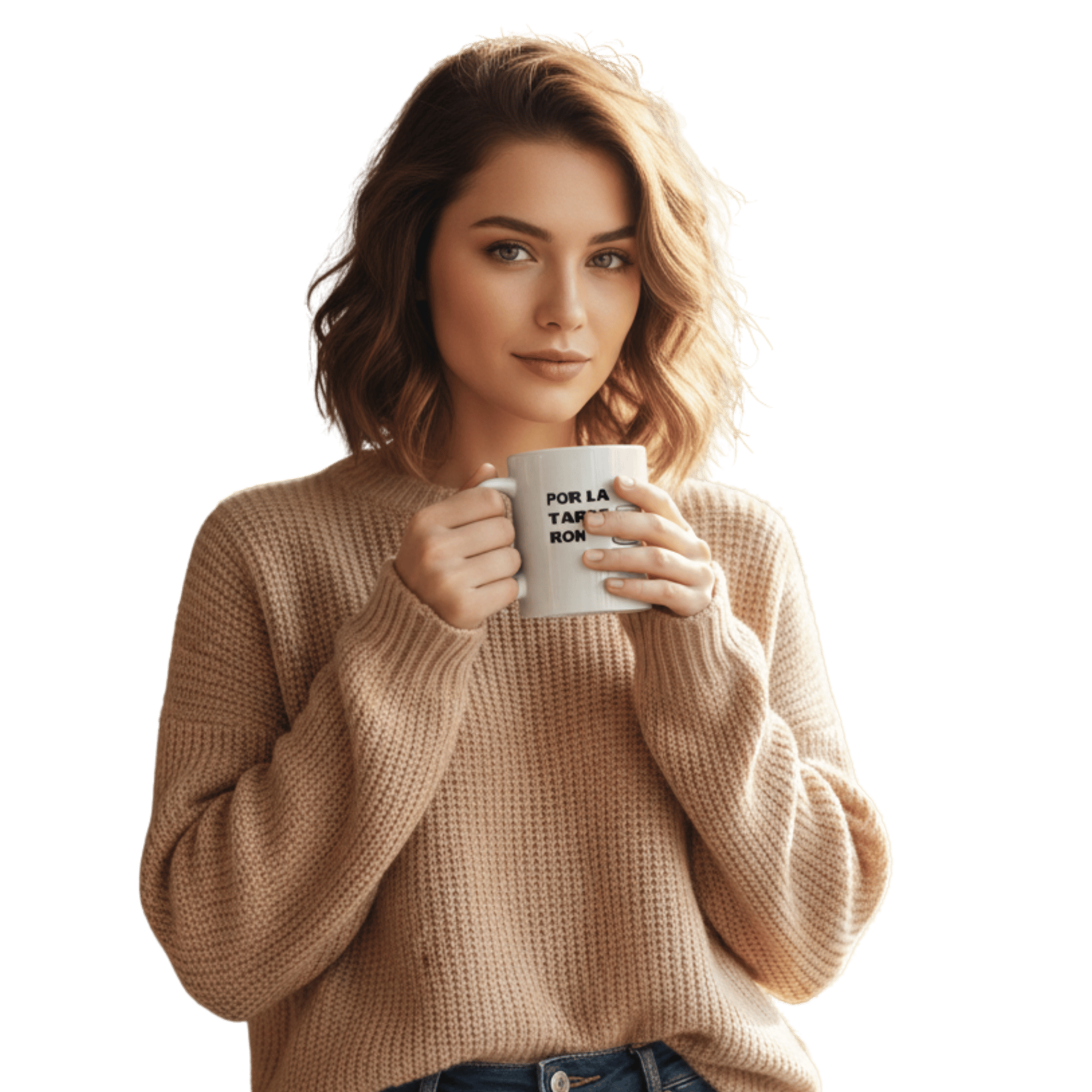 White ceramic mug with 'Por la mañana café, por la tarde ron' text, inspired by Bad Bunny, ideal for coffee and rum enthusiasts