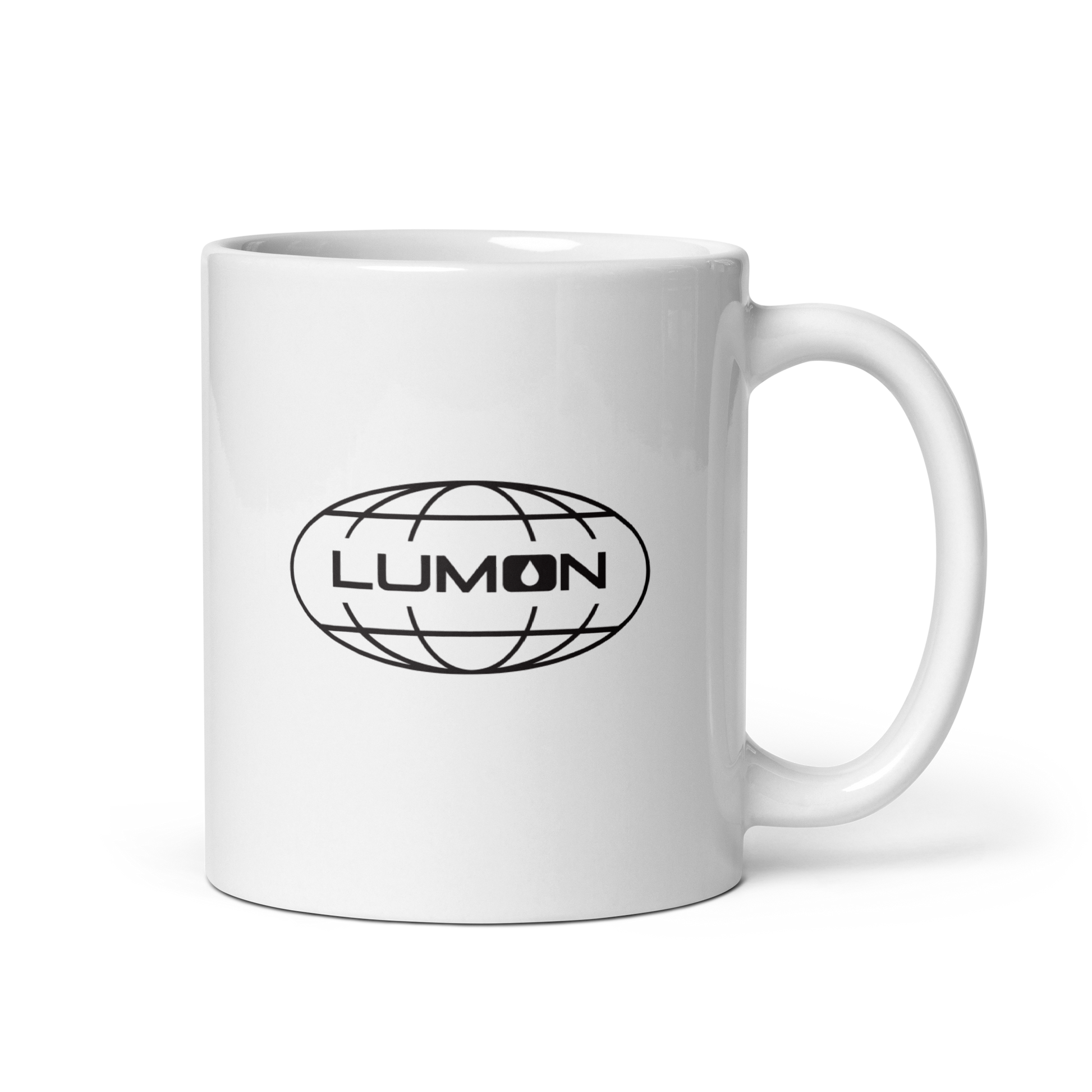 White ceramic mug featuring the Lumon Industries logo, inspired by the Severance series — perfect for fans of the show and stylish office coffee moments.