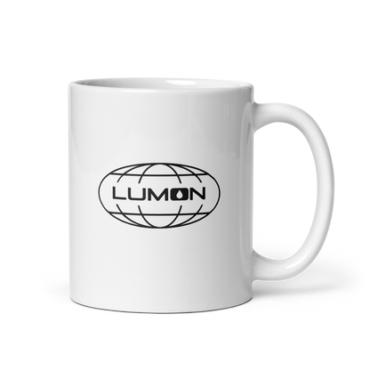 White ceramic mug featuring the Lumon Industries logo, inspired by the Severance series — perfect for fans of the show and stylish office coffee moments.