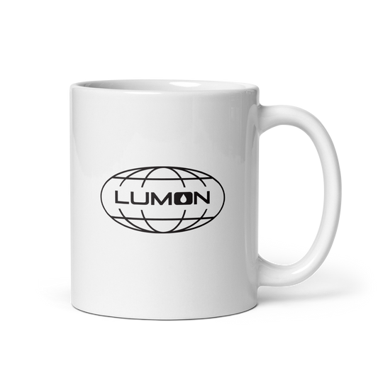 White ceramic mug featuring the Lumon Industries logo, inspired by the Severance series — perfect for fans of the show and stylish office coffee moments.