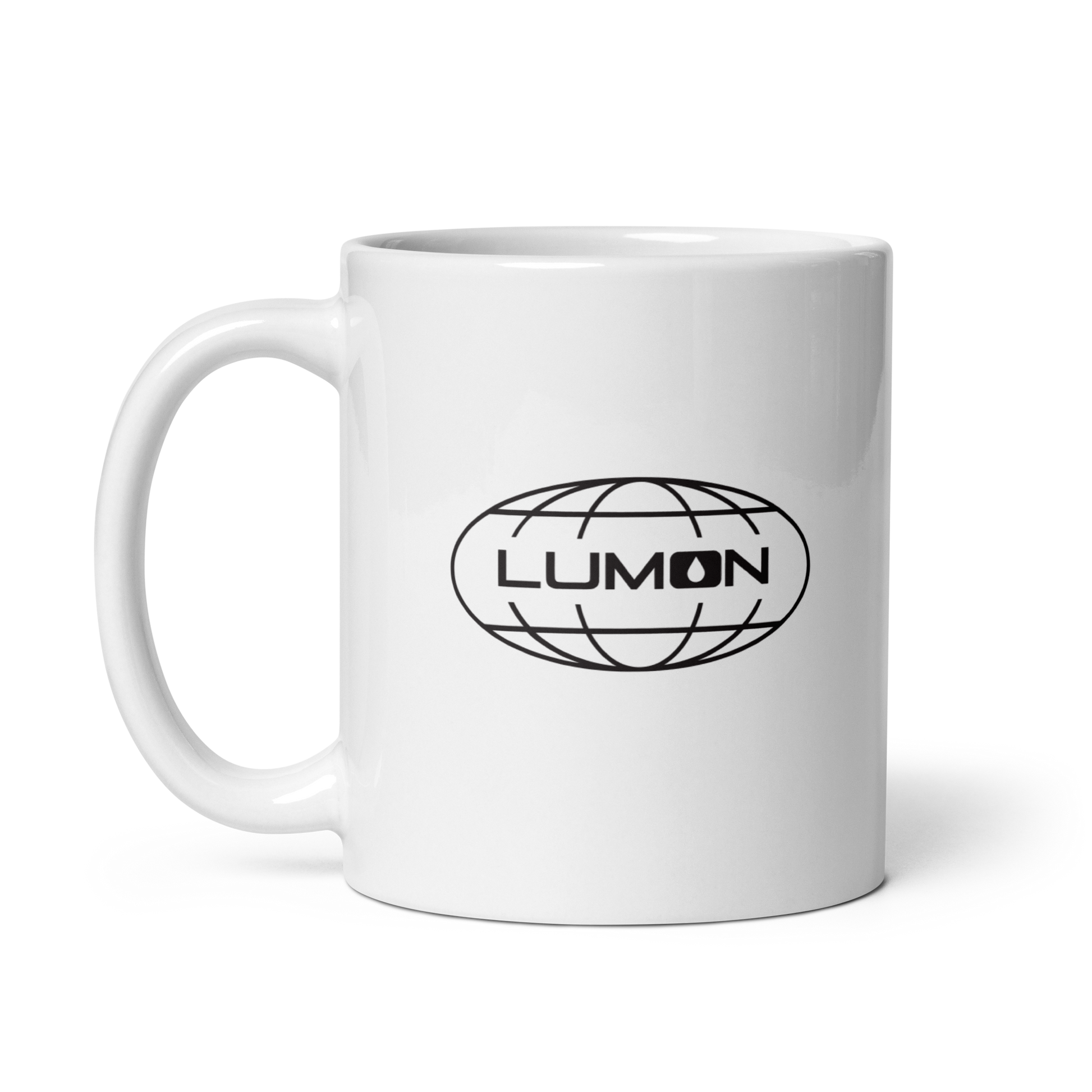 White ceramic mug featuring the Lumon Industries logo, inspired by the Severance series — perfect for fans of the show and stylish office coffee moments.
