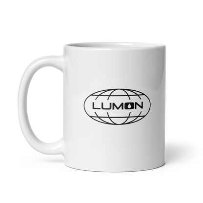 White ceramic mug featuring the Lumon Industries logo, inspired by the Severance series — perfect for fans of the show and stylish office coffee moments.