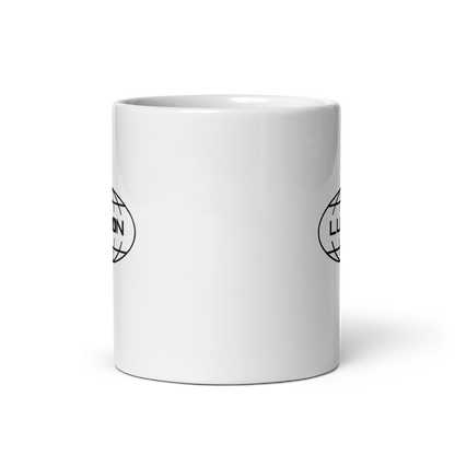 White ceramic mug featuring the Lumon Industries logo, inspired by the Severance series — perfect for fans of the show and stylish office coffee moments.