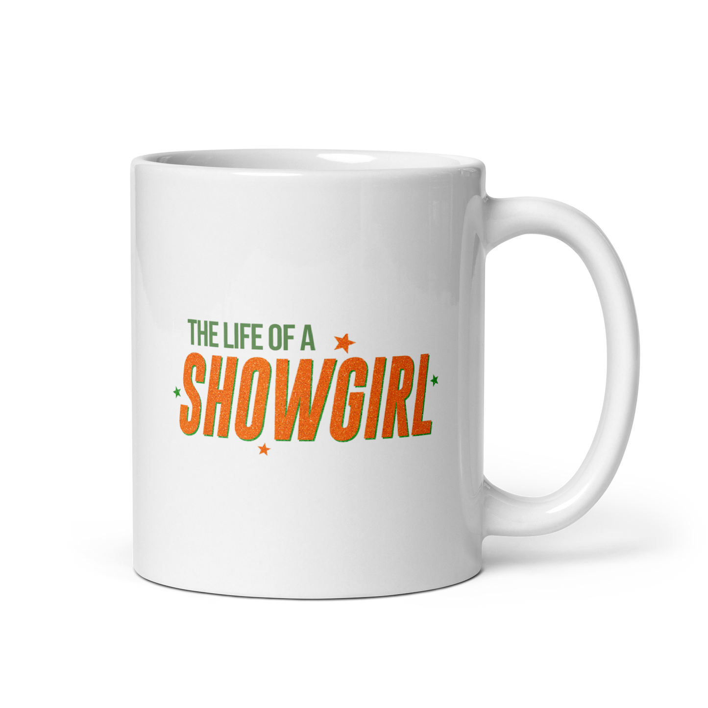 White ceramic mug with bold retro typography reading 'The Life of a Showgirl', Taylor Swift inspired fan merch, perfect gift for Swifties and music lovers.
