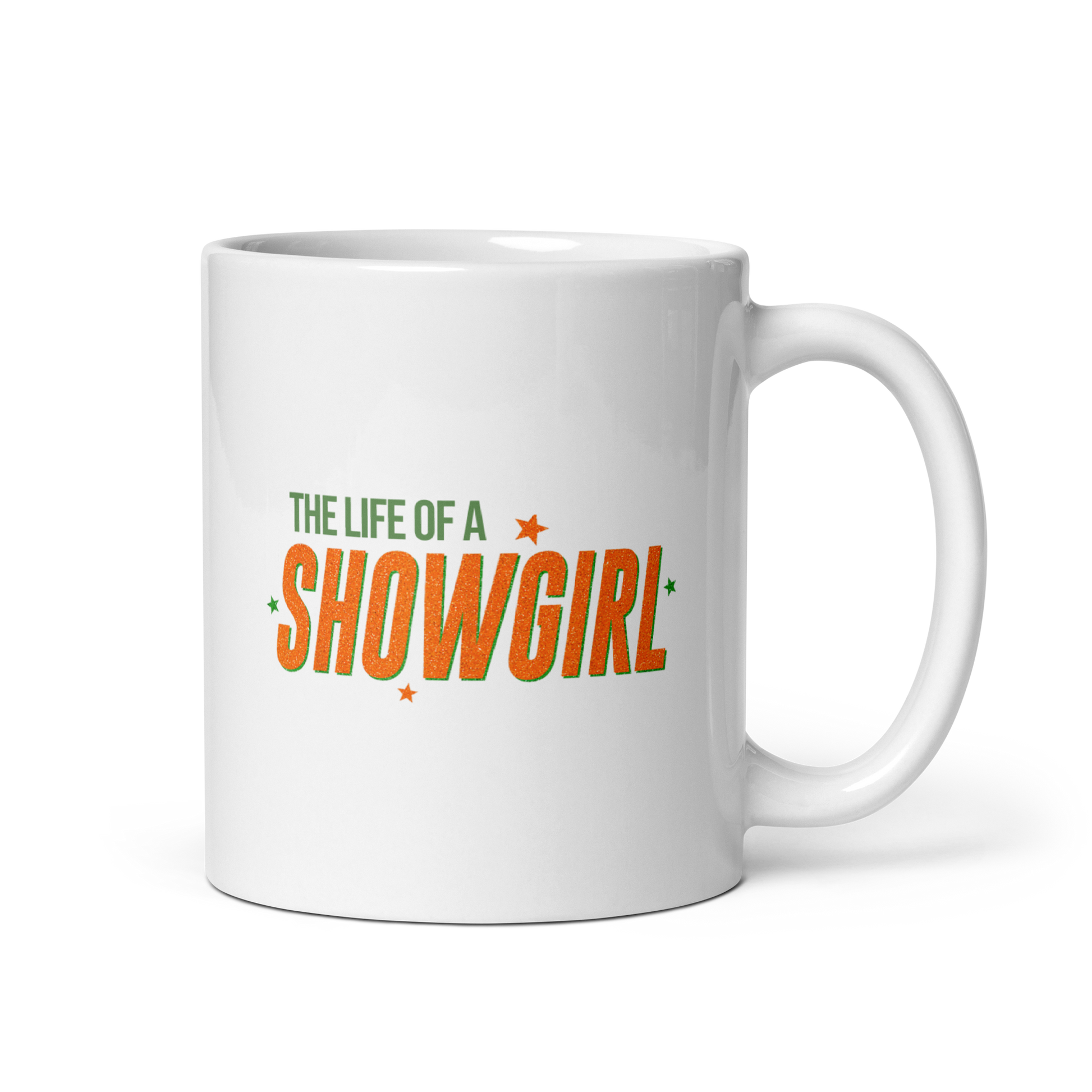 White ceramic mug with bold retro typography reading 'The Life of a Showgirl', Taylor Swift inspired fan merch, perfect gift for Swifties and music lovers.