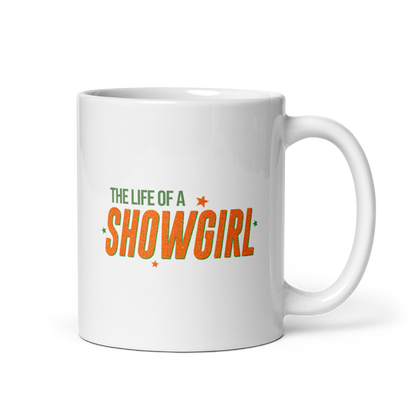 White ceramic mug with bold retro typography reading 'The Life of a Showgirl', Taylor Swift inspired fan merch, perfect gift for Swifties and music lovers.