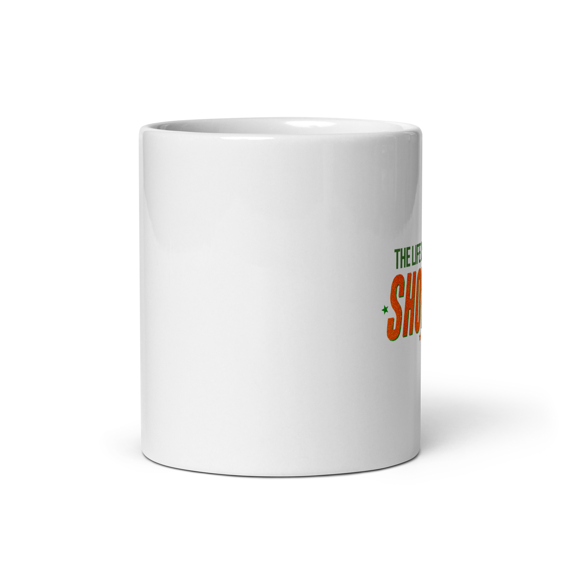 White ceramic mug with bold retro typography reading 'The Life of a Showgirl', Taylor Swift inspired fan merch, perfect gift for Swifties and music lovers.