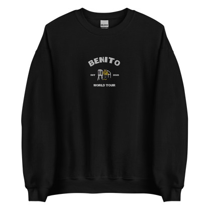 Black crewneck sweatshirt with white ‘Benito World Tour’ graphic and small central illustration, inspired by Bad Bunny merchandise, DtMF era tour apparel, and minimalist streetwear design
