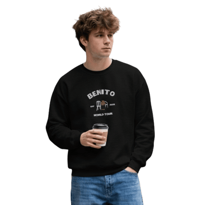 Black crewneck sweatshirt with white ‘Benito World Tour’ graphic and small central illustration, inspired by Bad Bunny merchandise, DtMF era tour apparel, and minimalist streetwear design